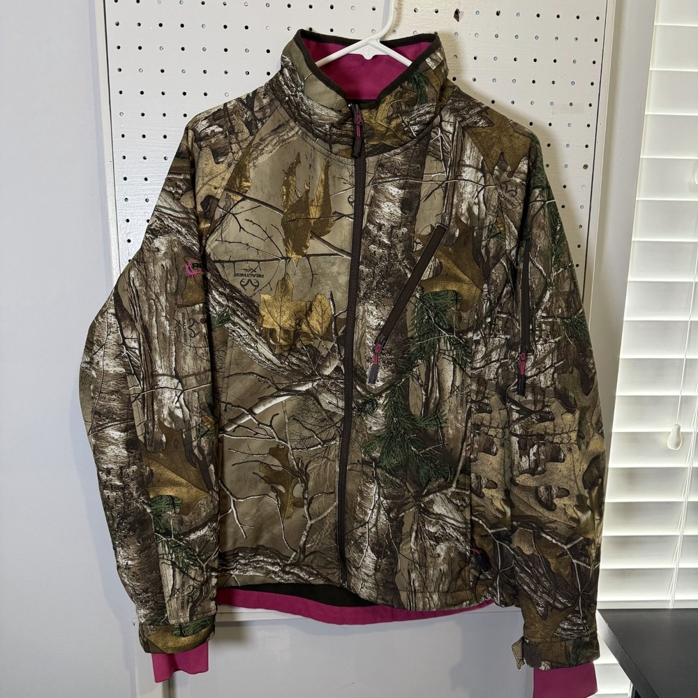 Real Tree Soft‎ Shell Jacket Women's Large Brown Pink Camo Lined Zip Up Outdoor